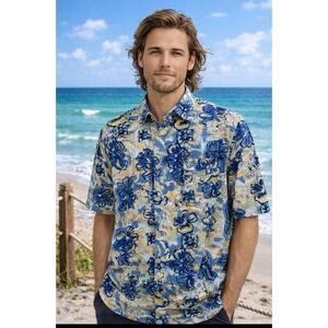 Roundy Bay Blue Floral Hawaiian Shirt 100% Cotton Resort Aloha Size L